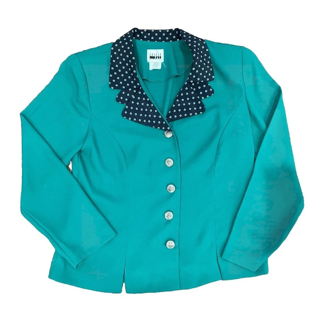 VTG Leslie Fay Skirt Set Green Navy‎ Pleated Blazer Skirt Cottagecore Grandma 12